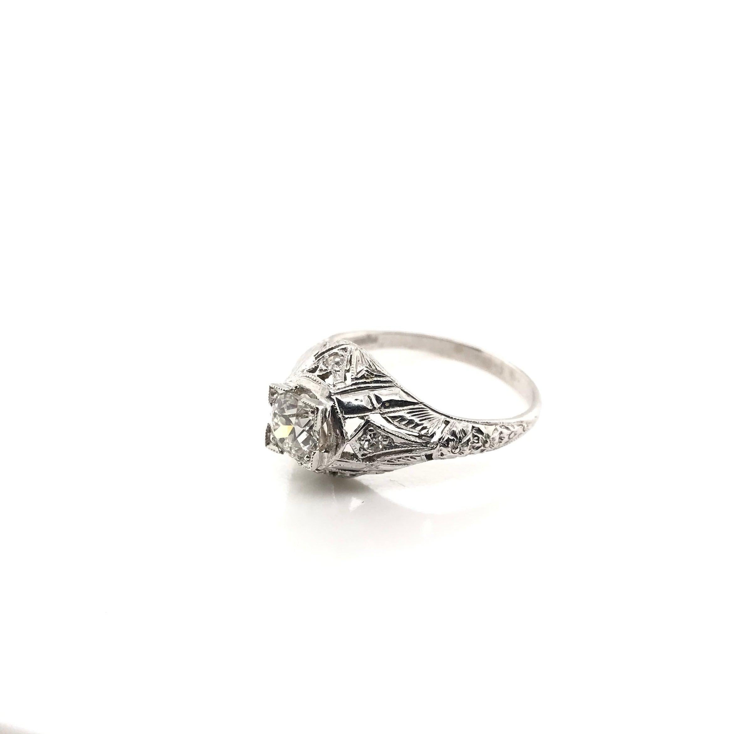 Women's Antique Art Deco 0.65 Carat Diamond Solitaire Style Filigree Ring For Sale