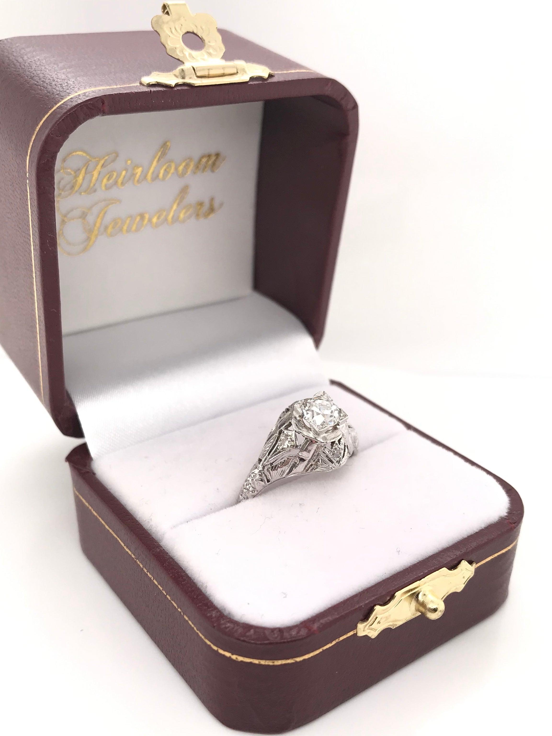 Antique Art Deco 0.65 Carat Diamond Solitaire Style Filigree Ring For Sale 4