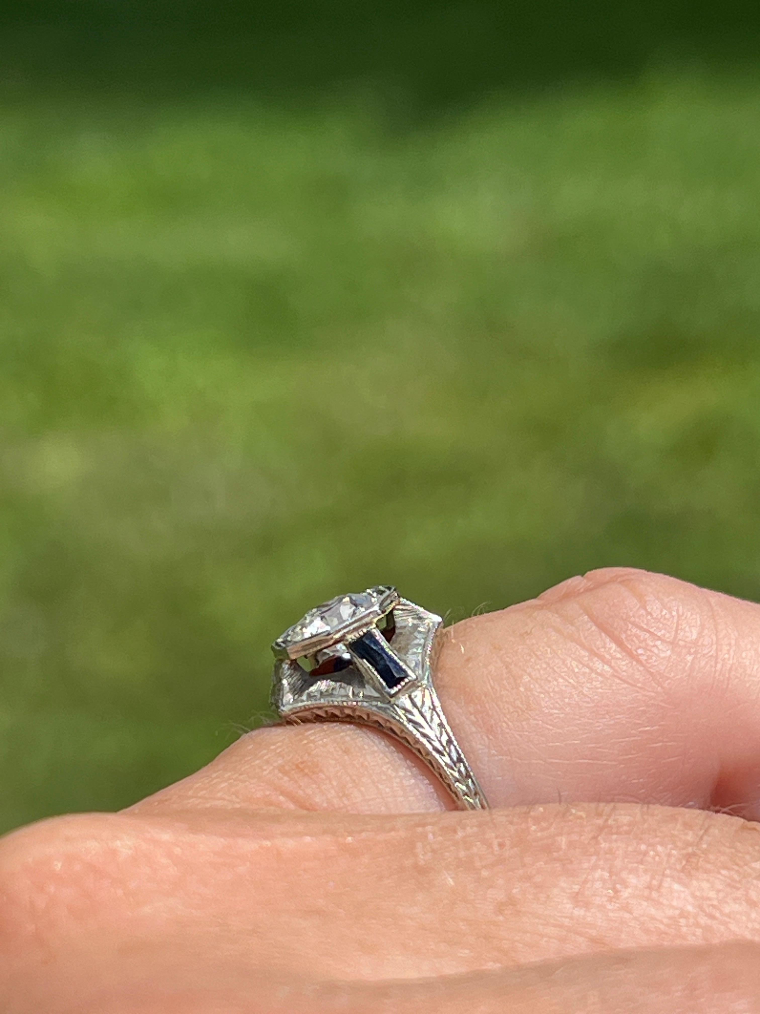 Antique Art Deco 0.80 Carat Diamond and Sapphire White Gold Engagement Ring For Sale 8