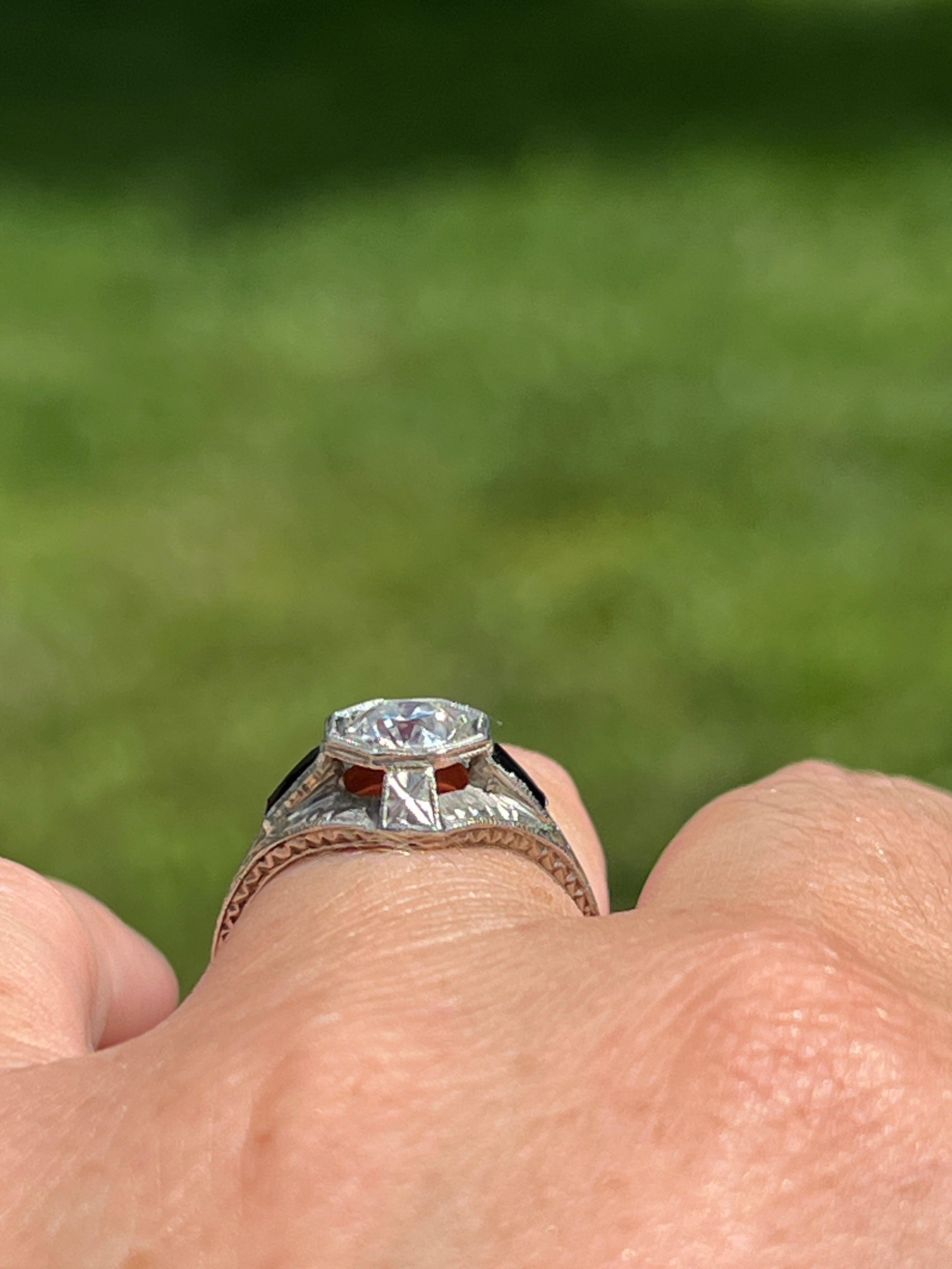 Antique Art Deco 0.80 Carat Diamond and Sapphire White Gold Engagement Ring For Sale 9