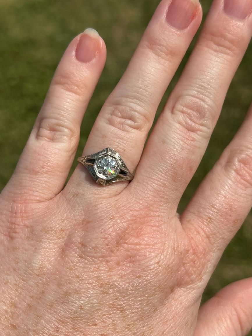 Old European Cut Antique Art Deco 0.80 Carat Diamond and Sapphire White Gold Engagement Ring For Sale