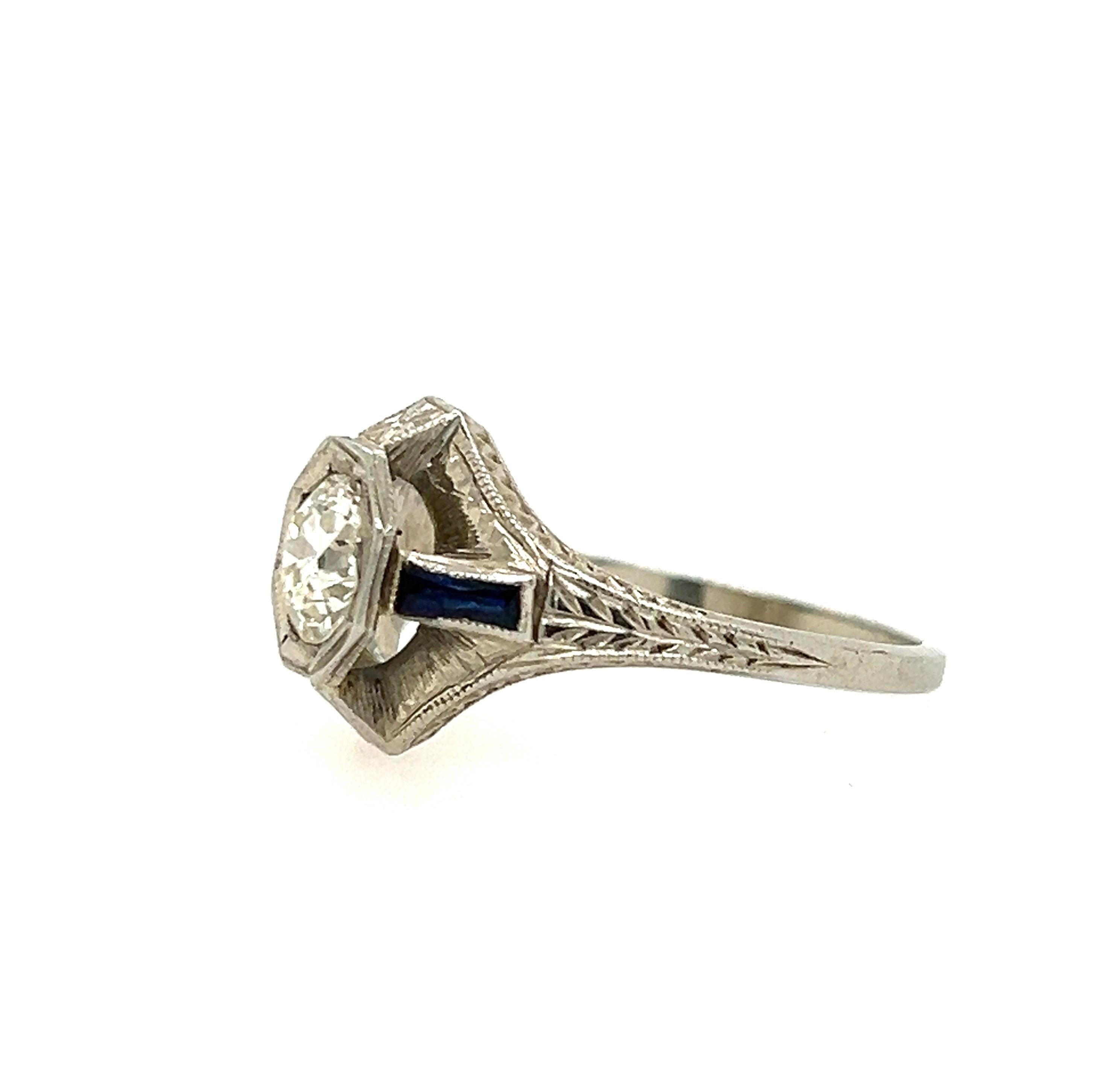 Antique Art Deco 0.80 Carat Diamond and Sapphire White Gold Engagement Ring In Good Condition For Sale In Towson, MD