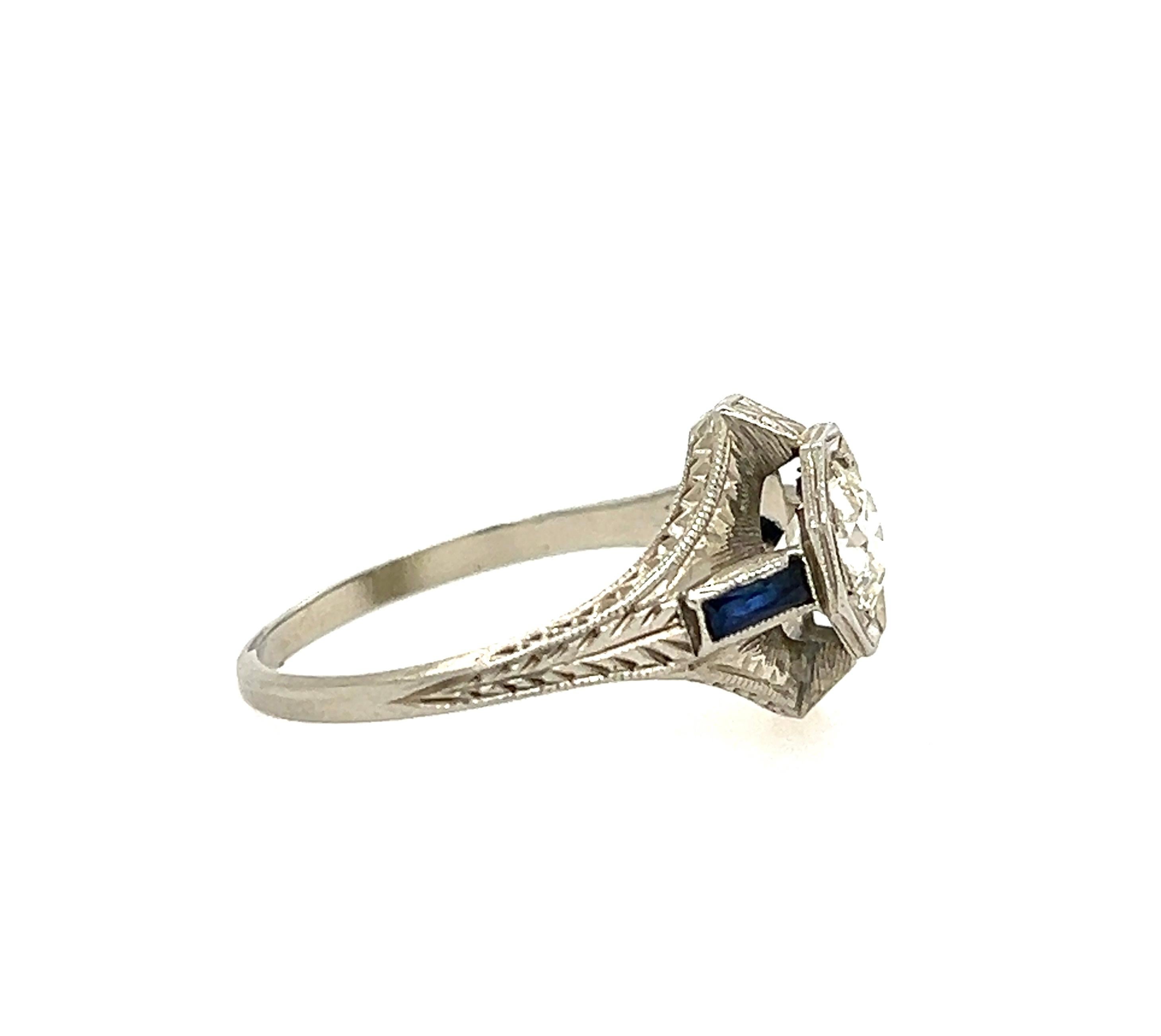 Women's or Men's Antique Art Deco 0.80 Carat Diamond and Sapphire White Gold Engagement Ring For Sale