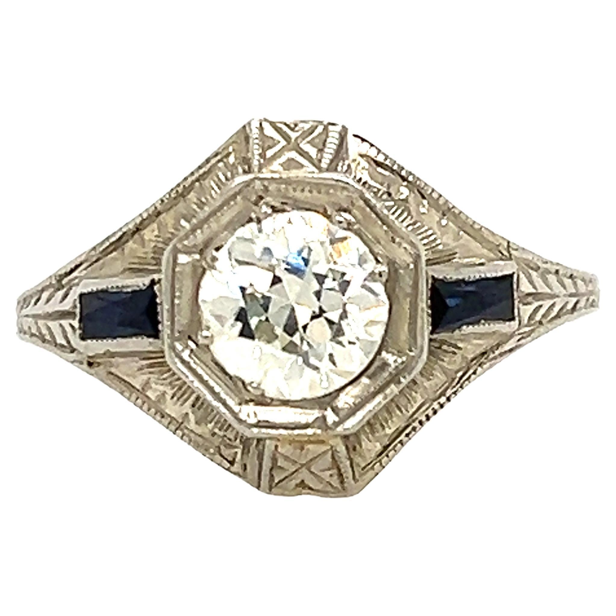 Antique Art Deco 0.80 Carat Diamond and Sapphire White Gold Engagement Ring For Sale