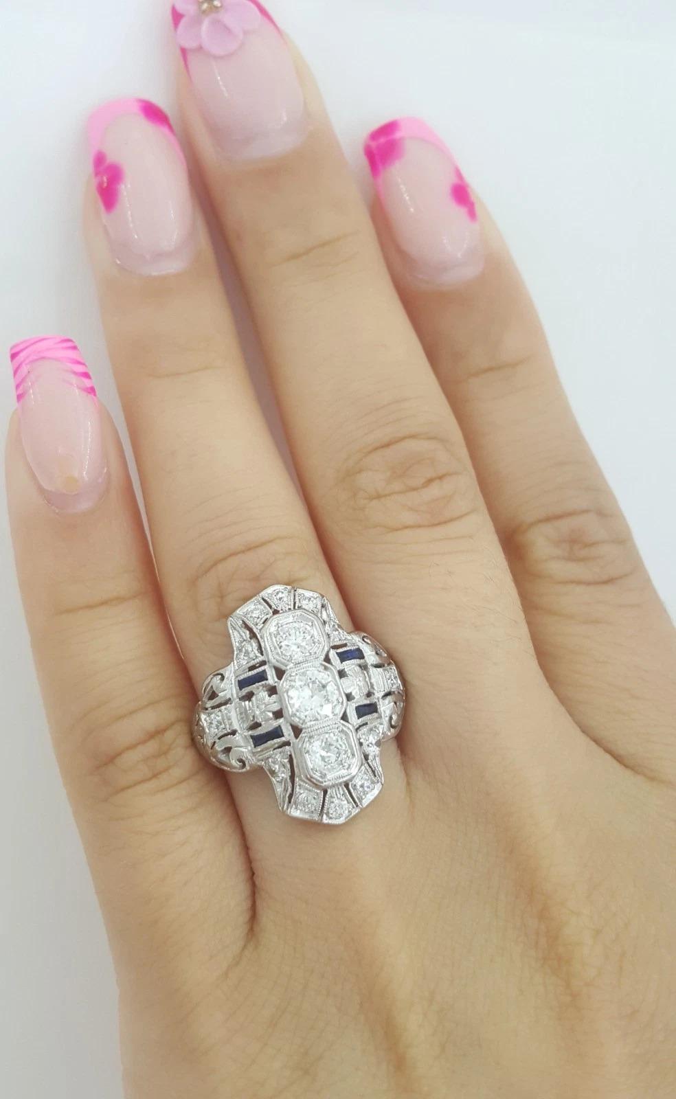 Antique Art Deco 1 Carat Old Mine Cut Diamond & Sapphire Engagement Ring For Sale 1
