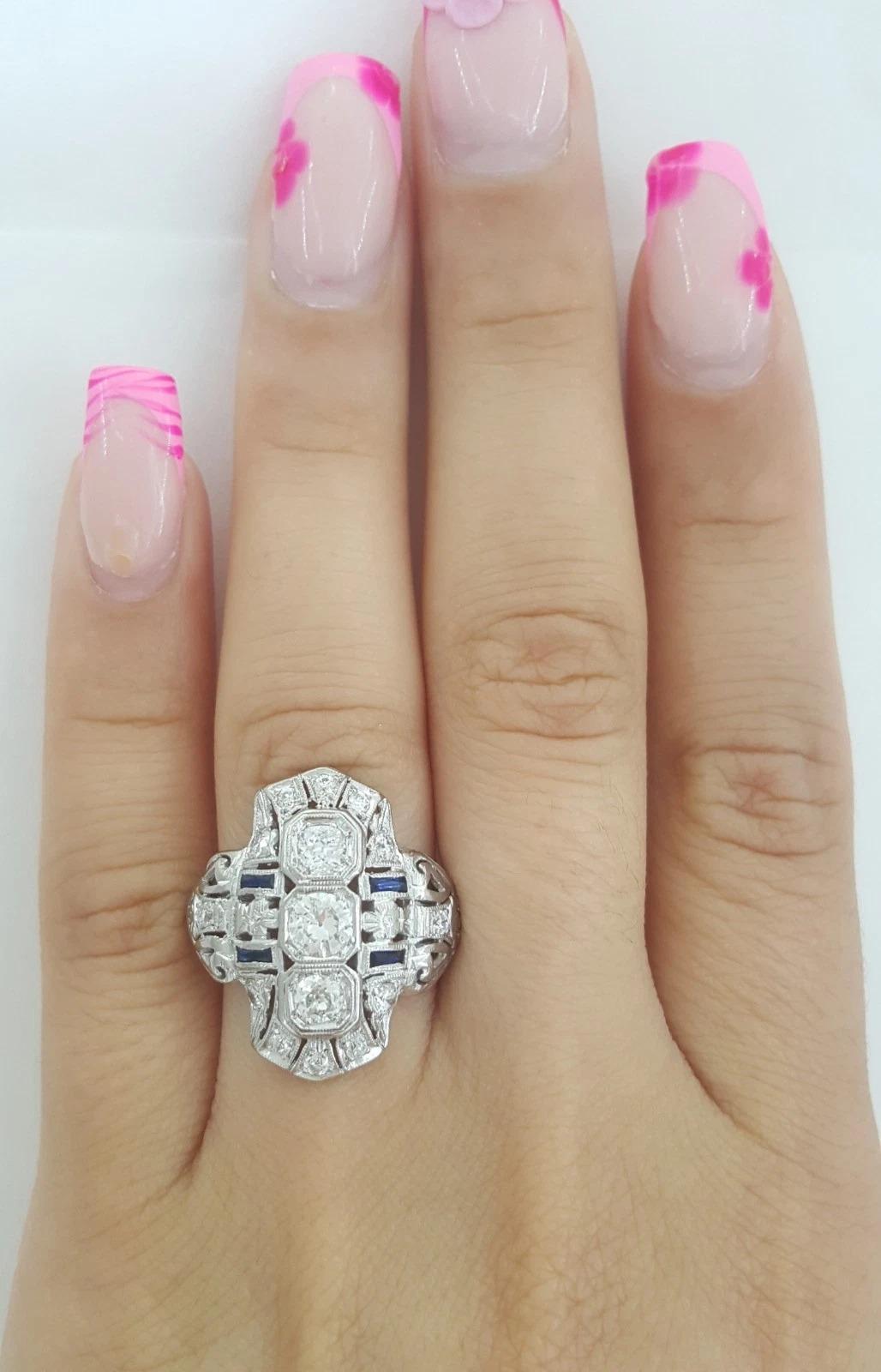 Antique Art Deco 1 Carat Old Mine Cut Diamond & Sapphire Engagement Ring For Sale 2