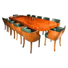 Antique Art Deco 10 ft Burr Walnut Dining Table & 12 Chairs by Hille 1920s