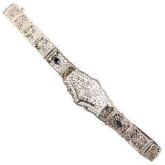 Antique Art Deco 10 Karat White Gold Diamond and Sapphire Filigree Bracelet