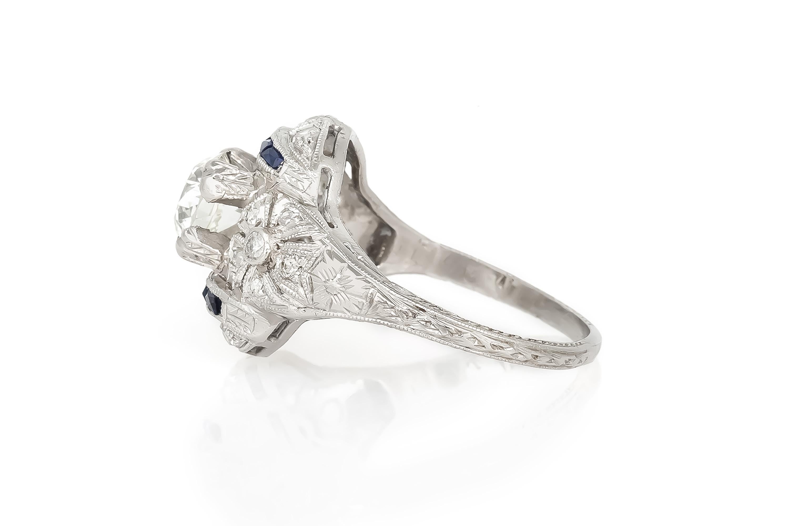 Old European Cut Antique Art Deco 1.00 Carat Diamond Engagement Ring with Sapphires For Sale