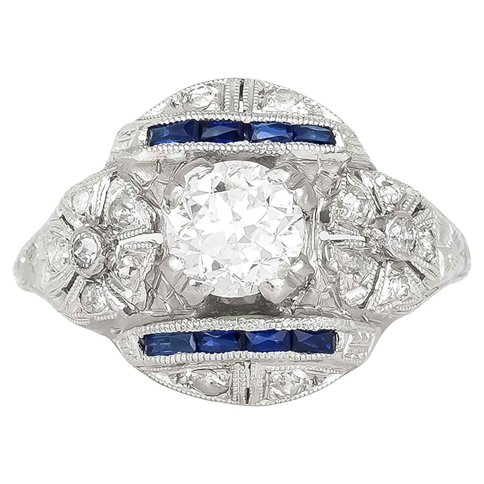 Antique Art Deco 1.00 Carat Diamond Engagement Ring with Sapphires For Sale