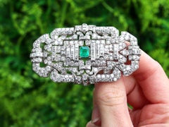 Antique Art Deco 1.02 Carat Emerald and 11.88 Carat Diamond Platinum Brooch