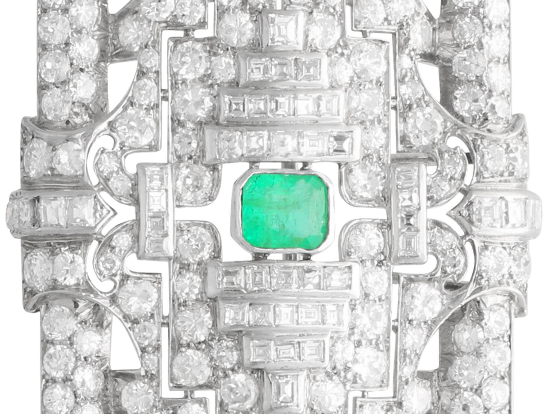 Emerald Cut Antique Art Deco 1.02 Carat Emerald and 11.88 Carat Diamond Platinum Brooch For Sale
