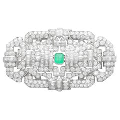 Vintage Art Deco 1.02 Ct Emerald and 11.88 Ct Diamond, Platinum Brooch