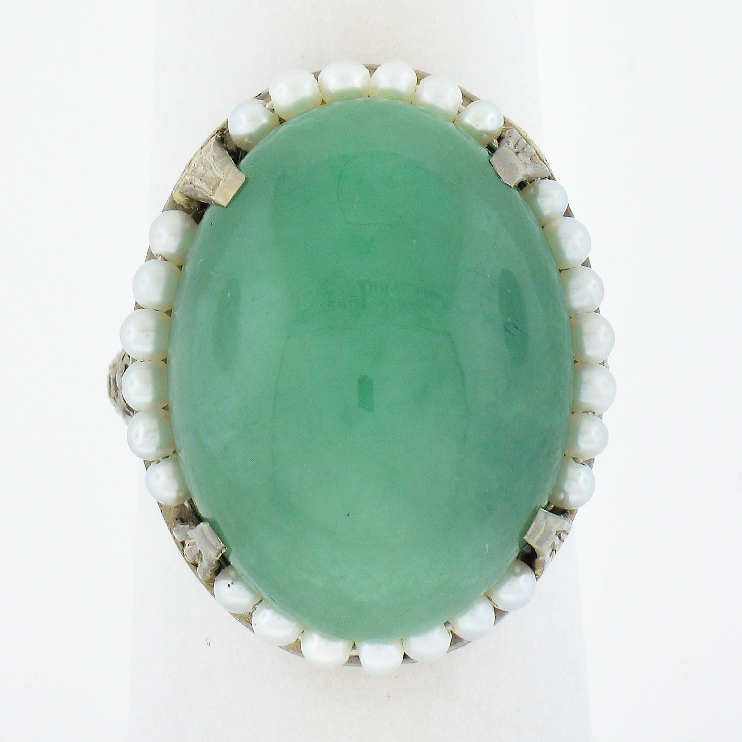 --Stone(s):--
(1) Natural Genuine Jade - Oval Cabochon Cut - Prong Set - Seafoam Green Color - 22.66ct (exact - certified) *See Certification Details Below* 
Numerous Cultured Genuine Seed Pearls - Round Shape - Wire Set - White Color - 2mm each