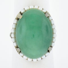 Antique Art Deco 10k Gold 22.66ct GIA Jade & Seed Pearl Halo Filigree Work Ring