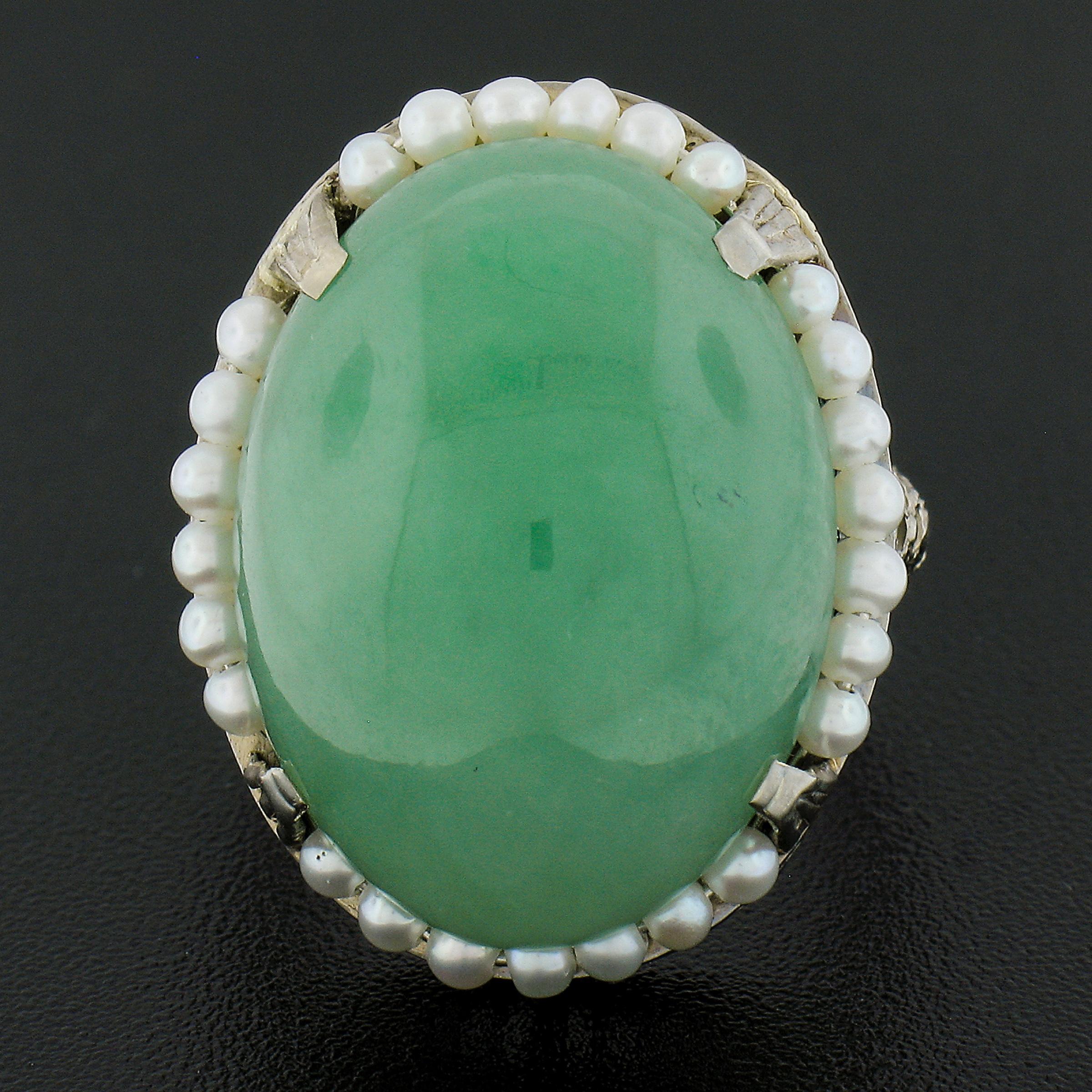 Oval Cut Antique Art Deco 10k Gold 22.66ct GIA Jade & Seed Pearl Halo Filigree Work Ring For Sale