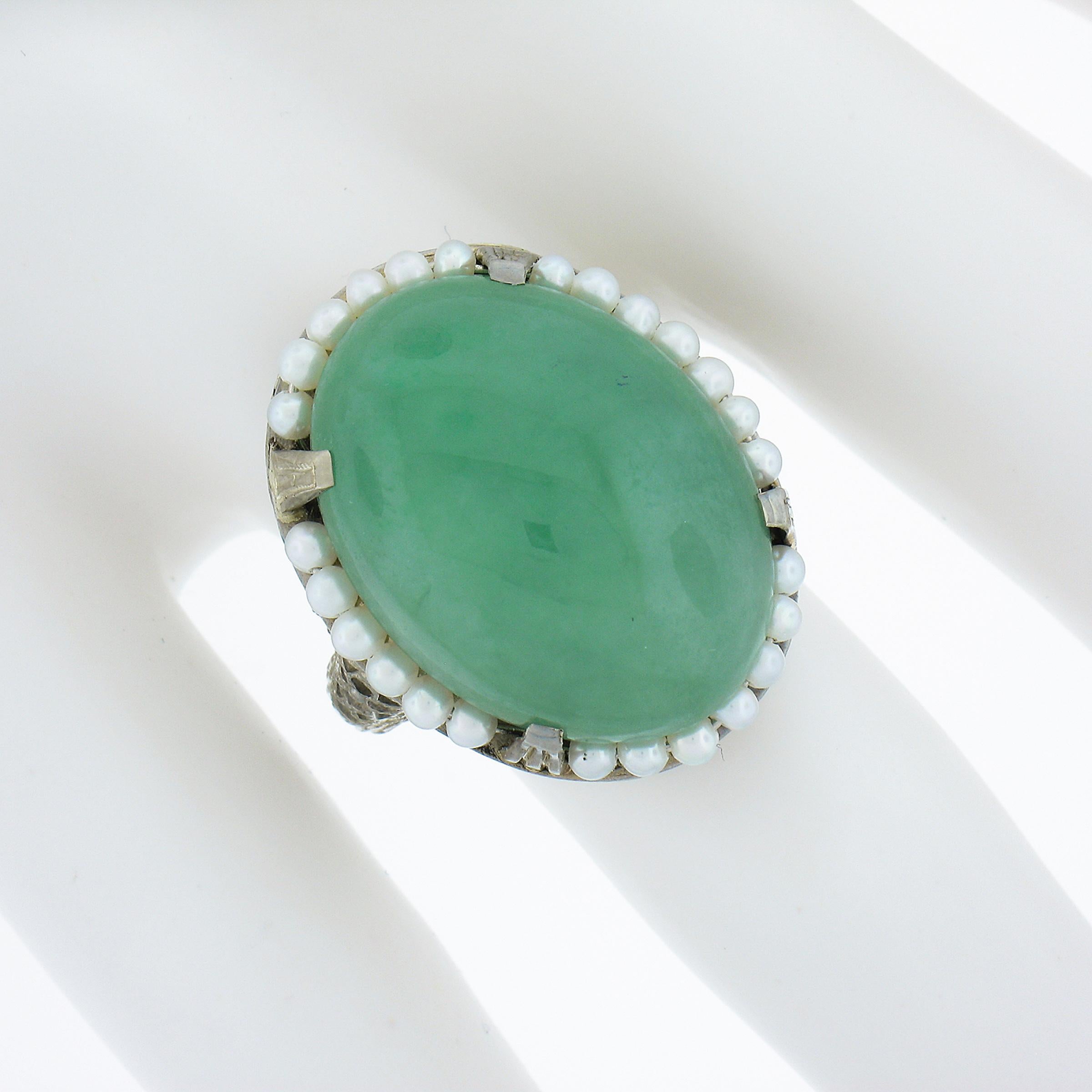 Antique Art Deco 10k Gold 22.66ct GIA Jade & Seed Pearl Halo Filigree Work Ring In Excellent Condition For Sale In Montclair, NJ