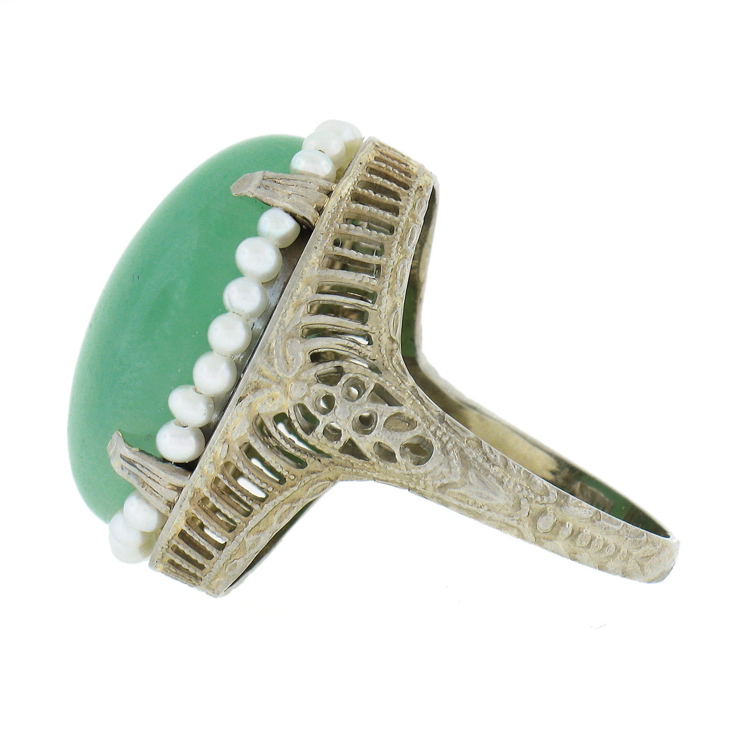 Women's Antique Art Deco 10k Gold 22.66ct GIA Jade & Seed Pearl Halo Filigree Work Ring For Sale