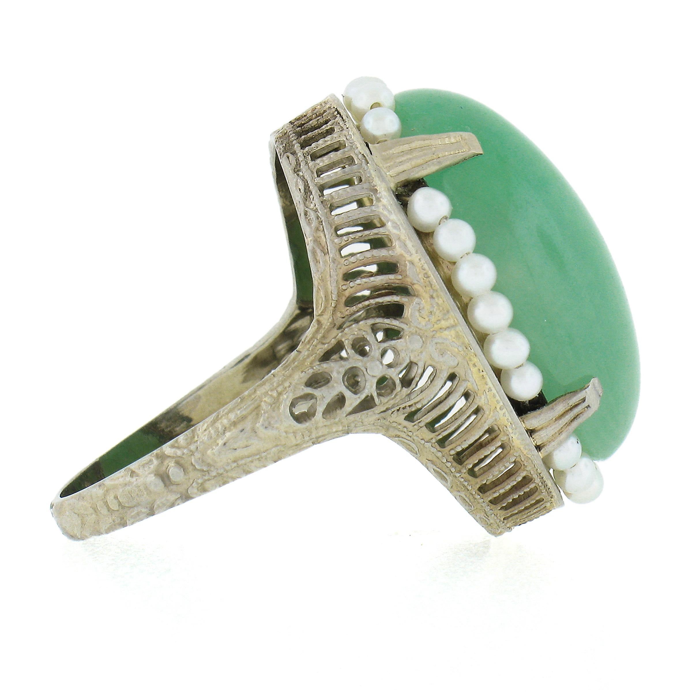 Antique Art Deco 10k Gold 22.66ct GIA Jade & Seed Pearl Halo Filigree Work Ring For Sale 1