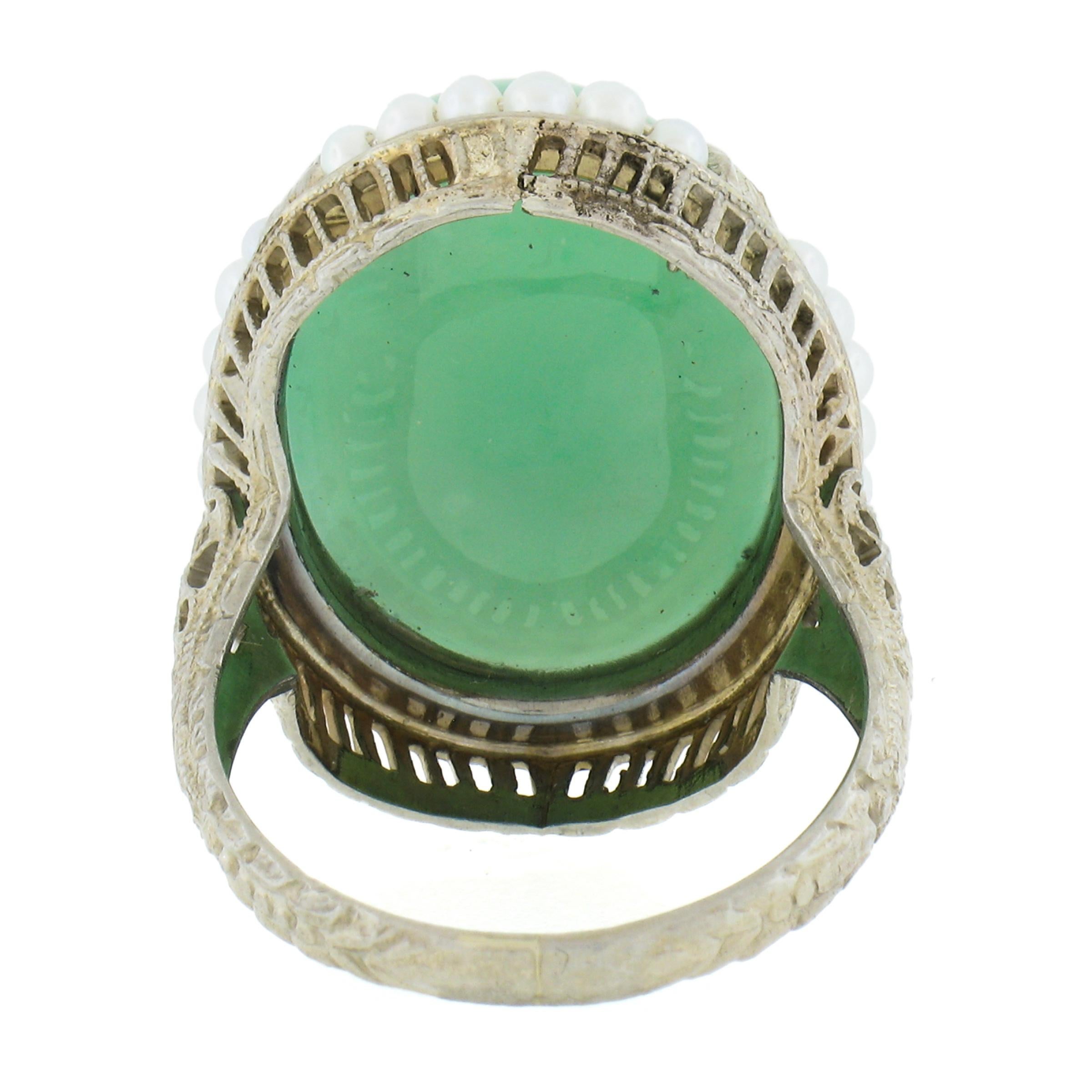 Antique Art Deco 10k Gold 22.66ct GIA Jade & Seed Pearl Halo Filigree Work Ring For Sale 1