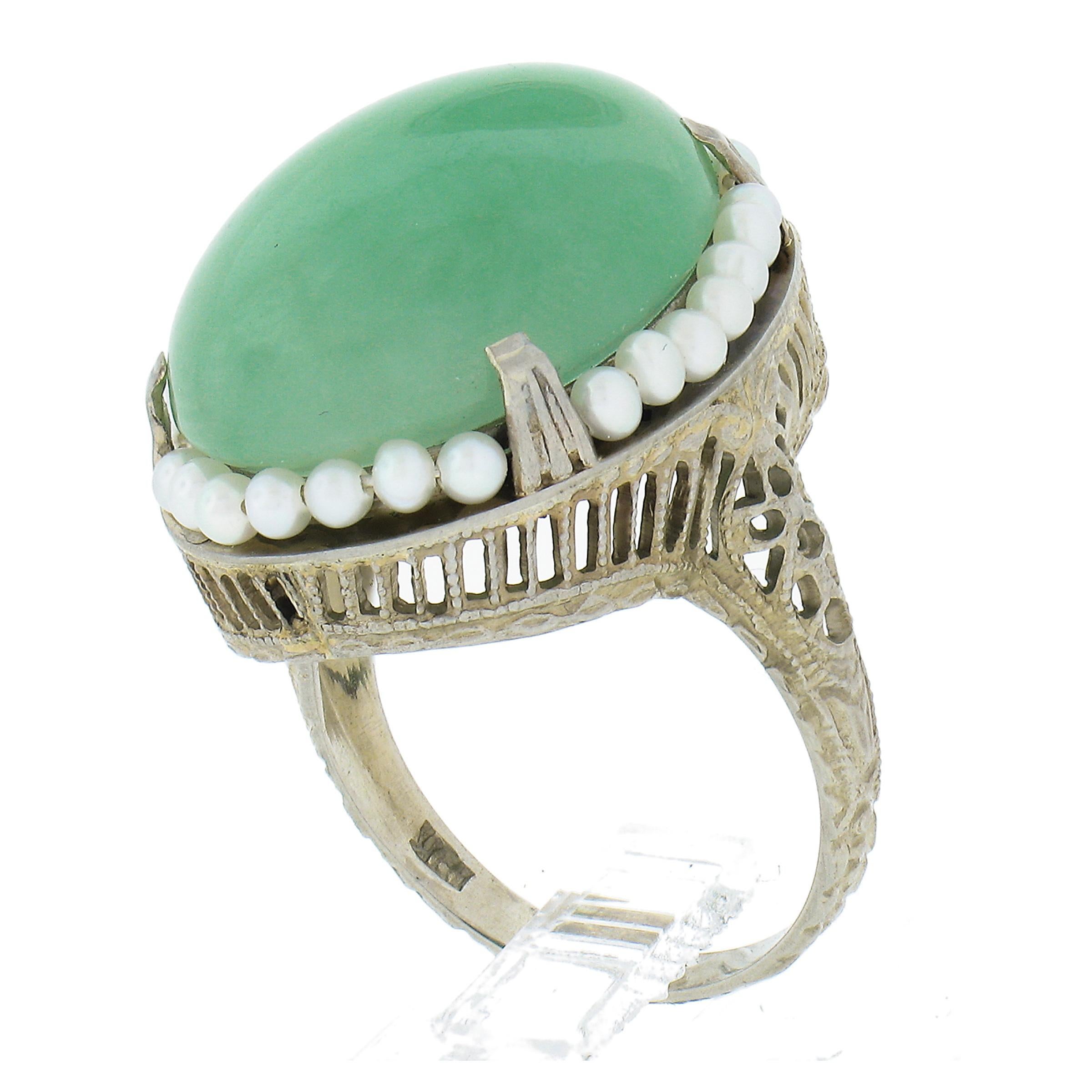 Antique Art Deco 10k Gold 22.66ct GIA Jade & Seed Pearl Halo Filigree Work Ring For Sale 4