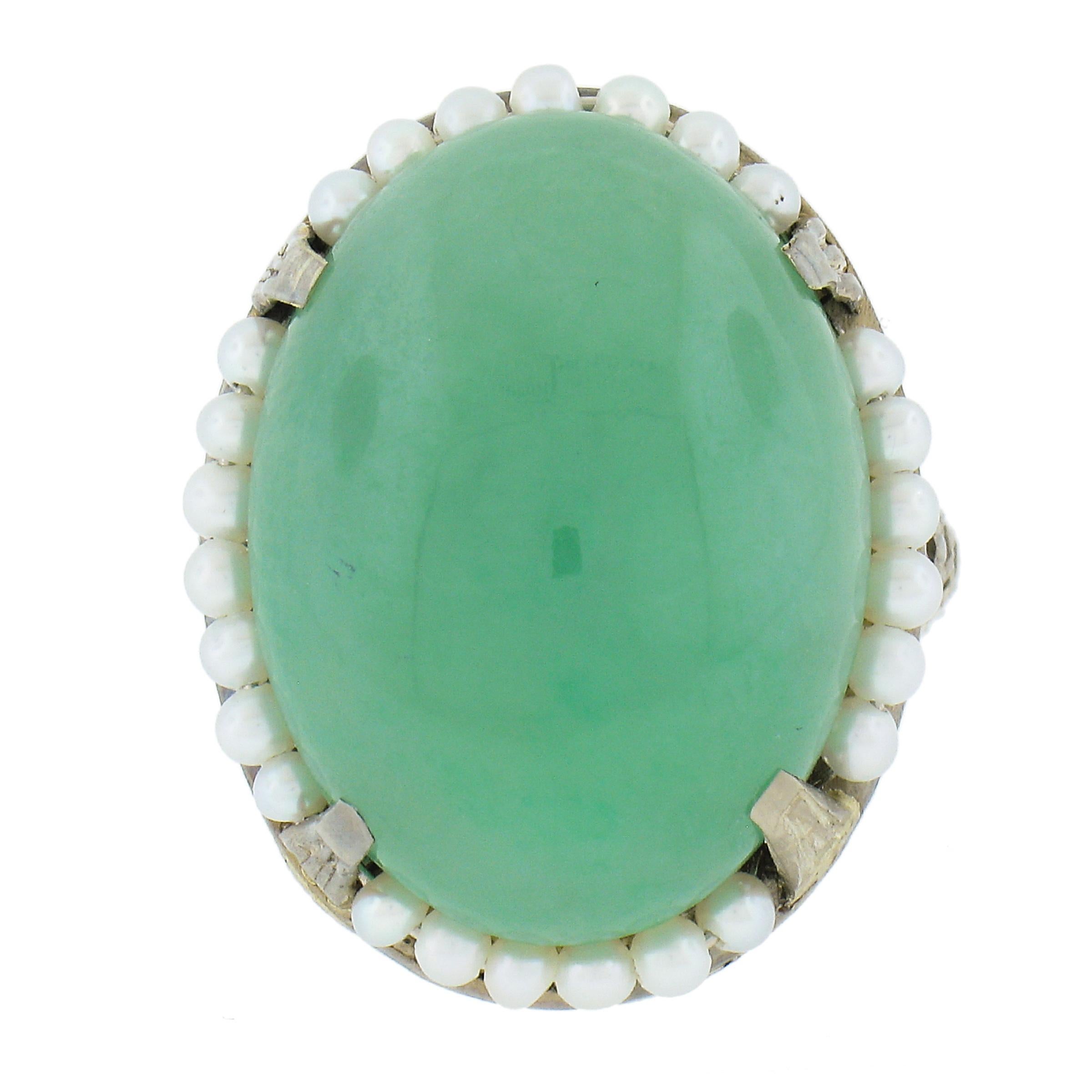 Antique Art Deco 10k Gold 22.66ct GIA Jade & Seed Pearl Halo Filigree Work Ring For Sale
