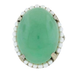 Antique Art Deco 10k Gold 22.66ct GIA Jade & Seed Pearl Halo Filigree Work Ring