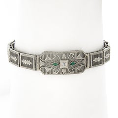 Antique Art Deco 10k Gold 6.5" Diamond & Kite Emerald Filigree Link Bracelet