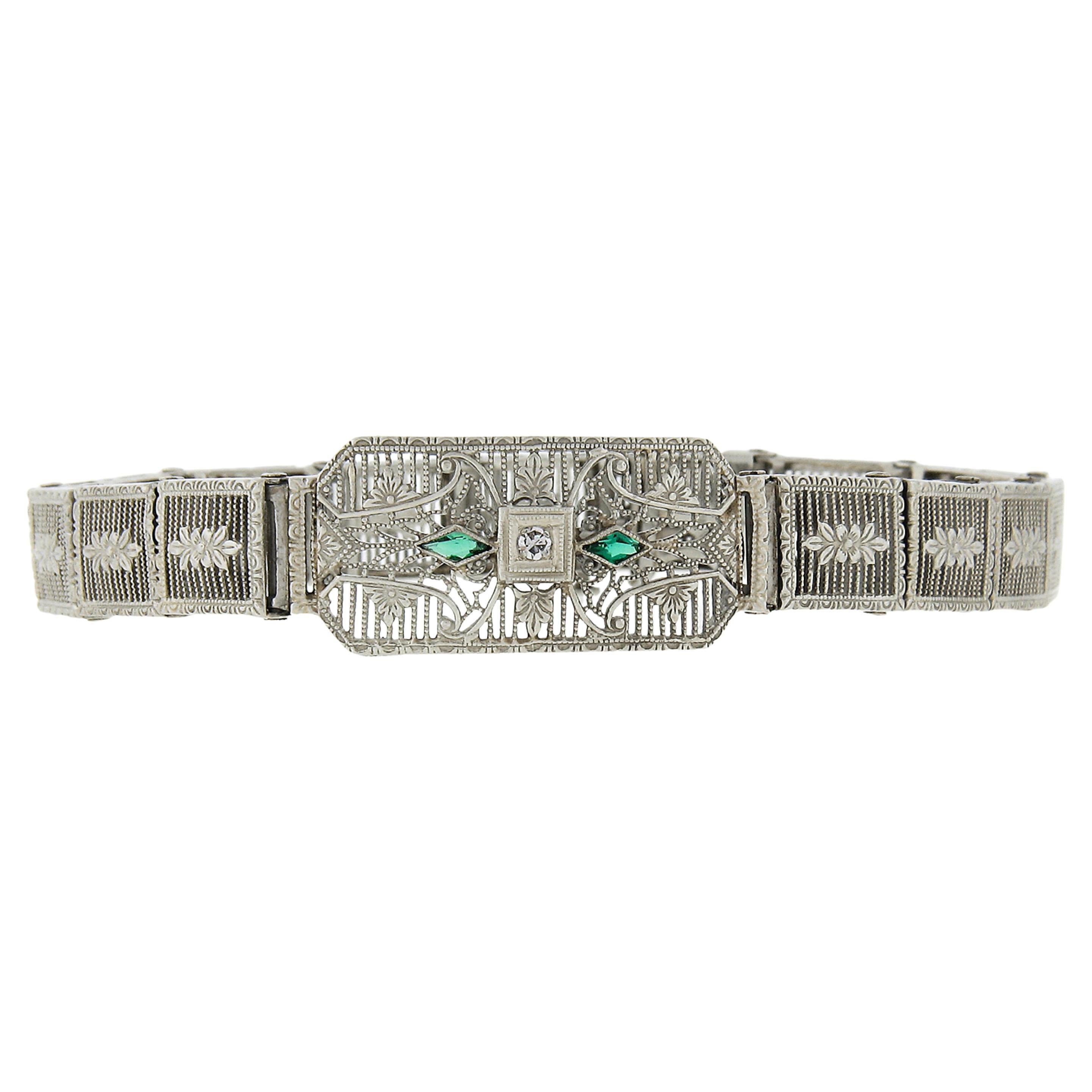 Antique Art Deco 10k Gold 6.5" Diamond & Kite Emerald Filigree Link Bracelet For Sale