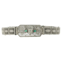 Antique Art Deco 10k Gold 6.5" Diamond & Kite Emerald Filigree Link Bracelet