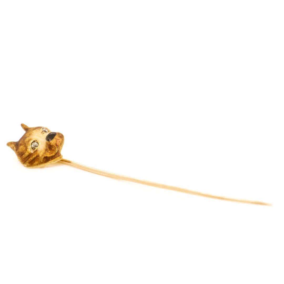 Single Cut Antique Art Deco 10k Gold, Diamond, and Enamel Bulldog Stick Pin For Sale