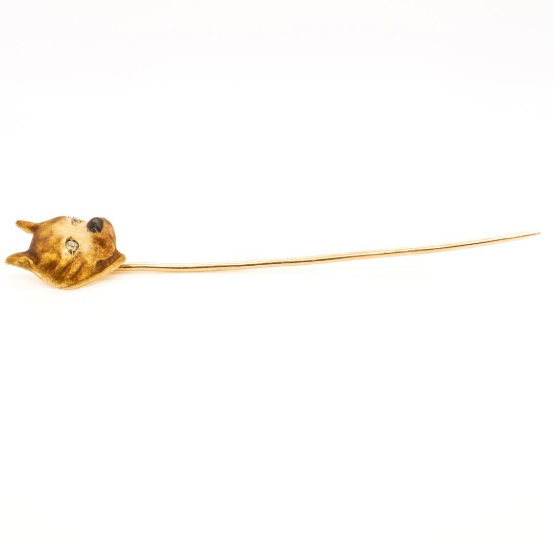 Antique Art Deco 10k Gold, Diamond, and Enamel Bulldog Stick Pin In Good Condition For Sale In Philadelphia, PA