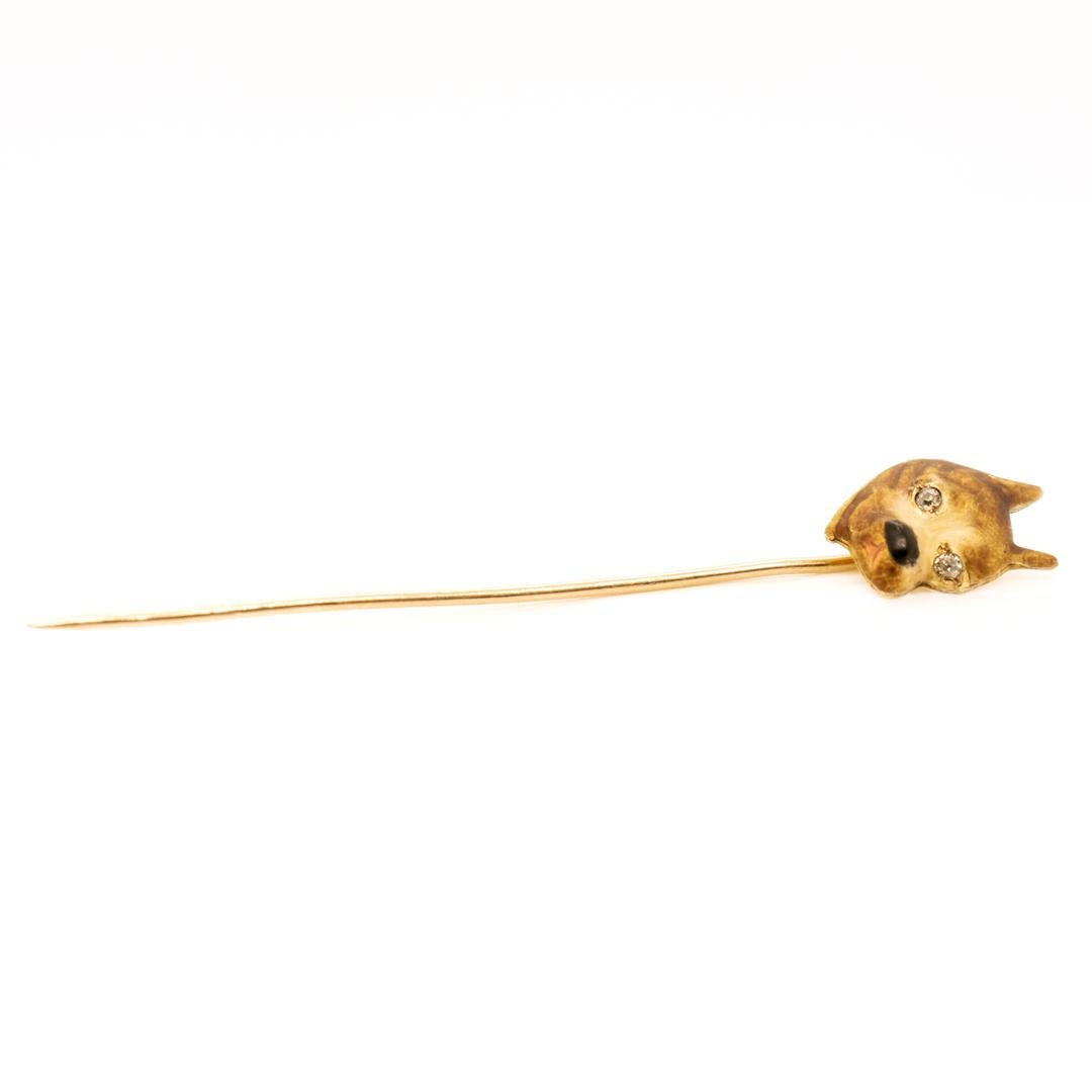 Women's or Men's Antique Art Deco 10k Gold, Diamond, and Enamel Bulldog Stick Pin For Sale