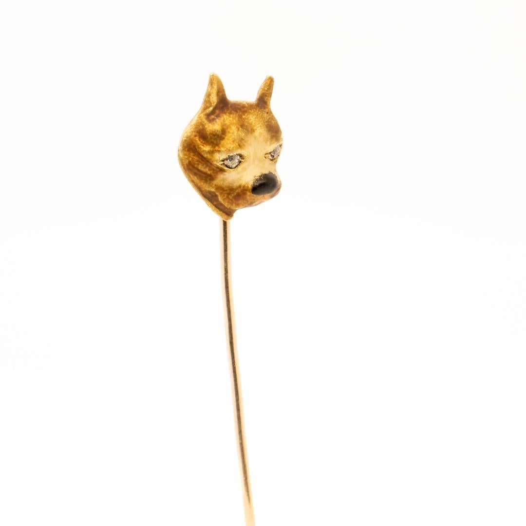 Antique Art Deco 10k Gold, Diamond, and Enamel Bulldog Stick Pin For Sale 1