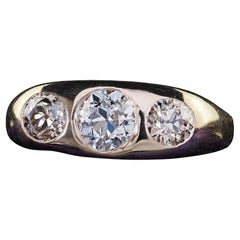 Antique Art Deco 10K Gold Old Euro Diamond Flush Set Three Stone Ring - GIA