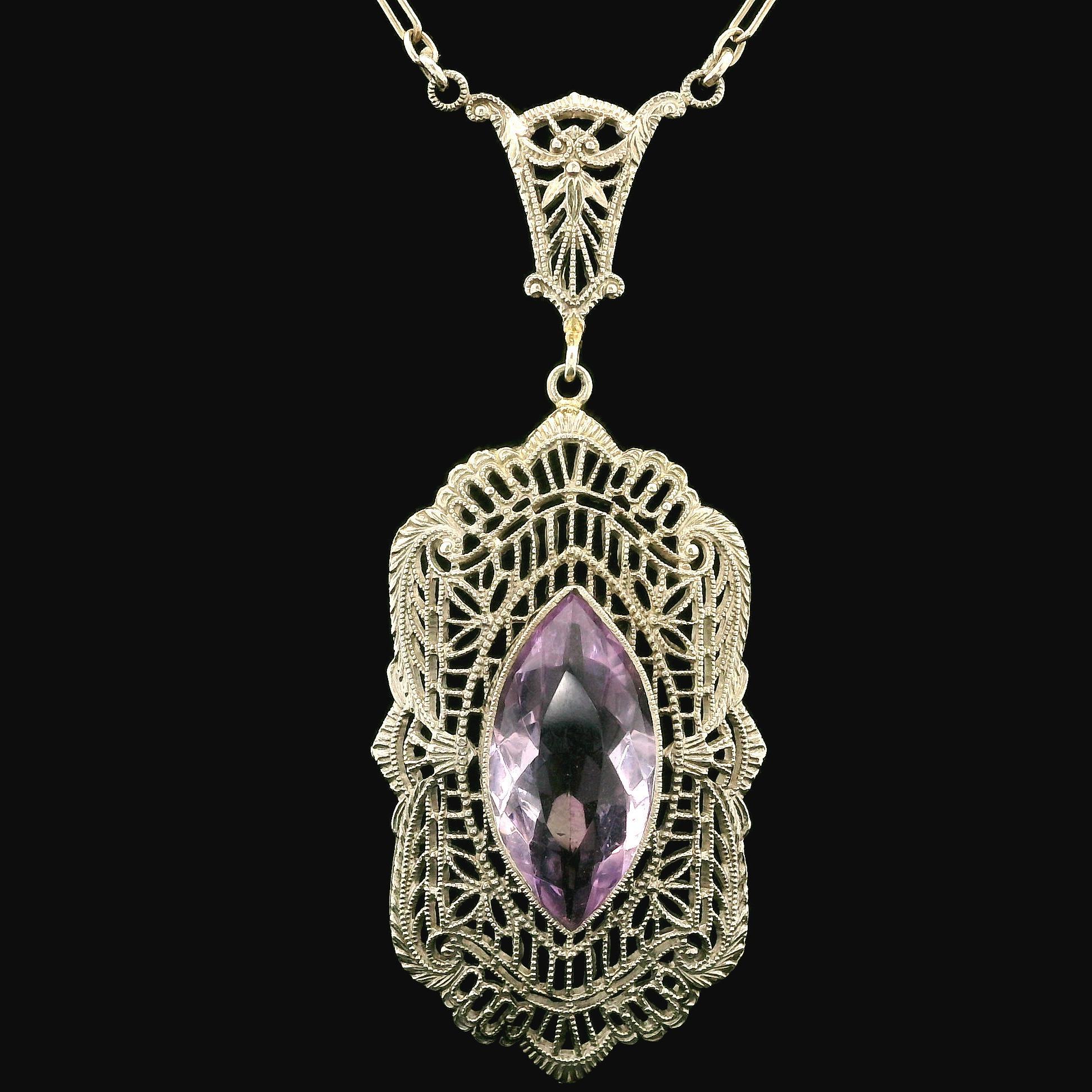 Antique Art Deco 10k Gold Rose De France Amethyst Filigree Pendant Necklace For Sale 5