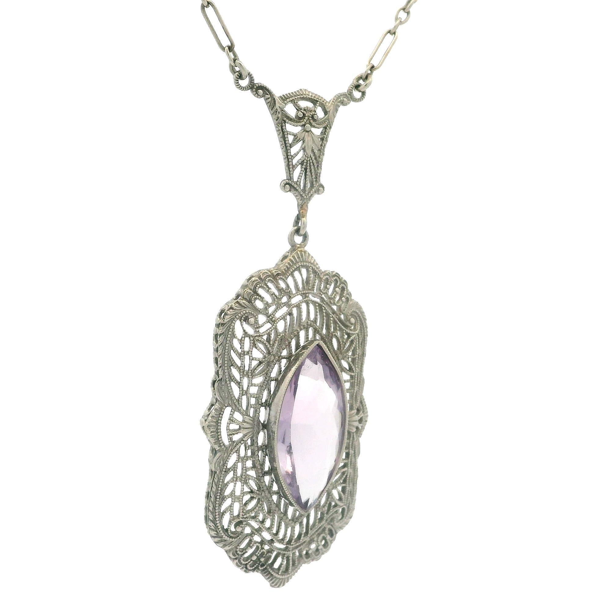 Marquise Cut Antique Art Deco 10k Gold Rose De France Amethyst Filigree Pendant Necklace For Sale
