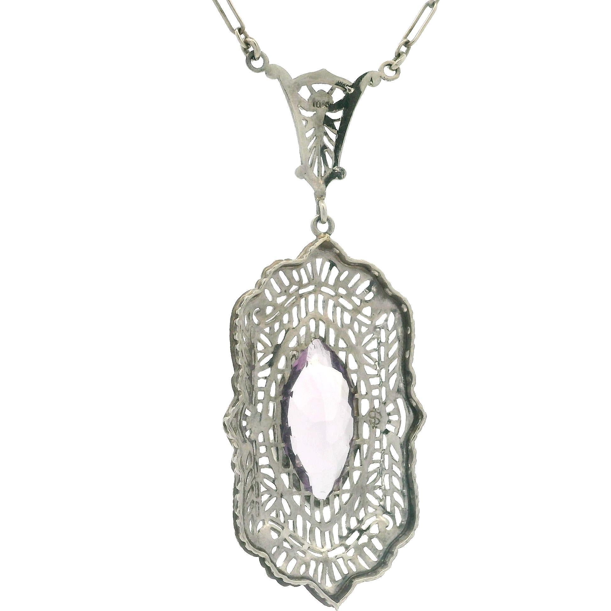 Antique Art Deco 10k Gold Rose De France Amethyst Filigree Pendant Necklace In Excellent Condition For Sale In Montclair, NJ