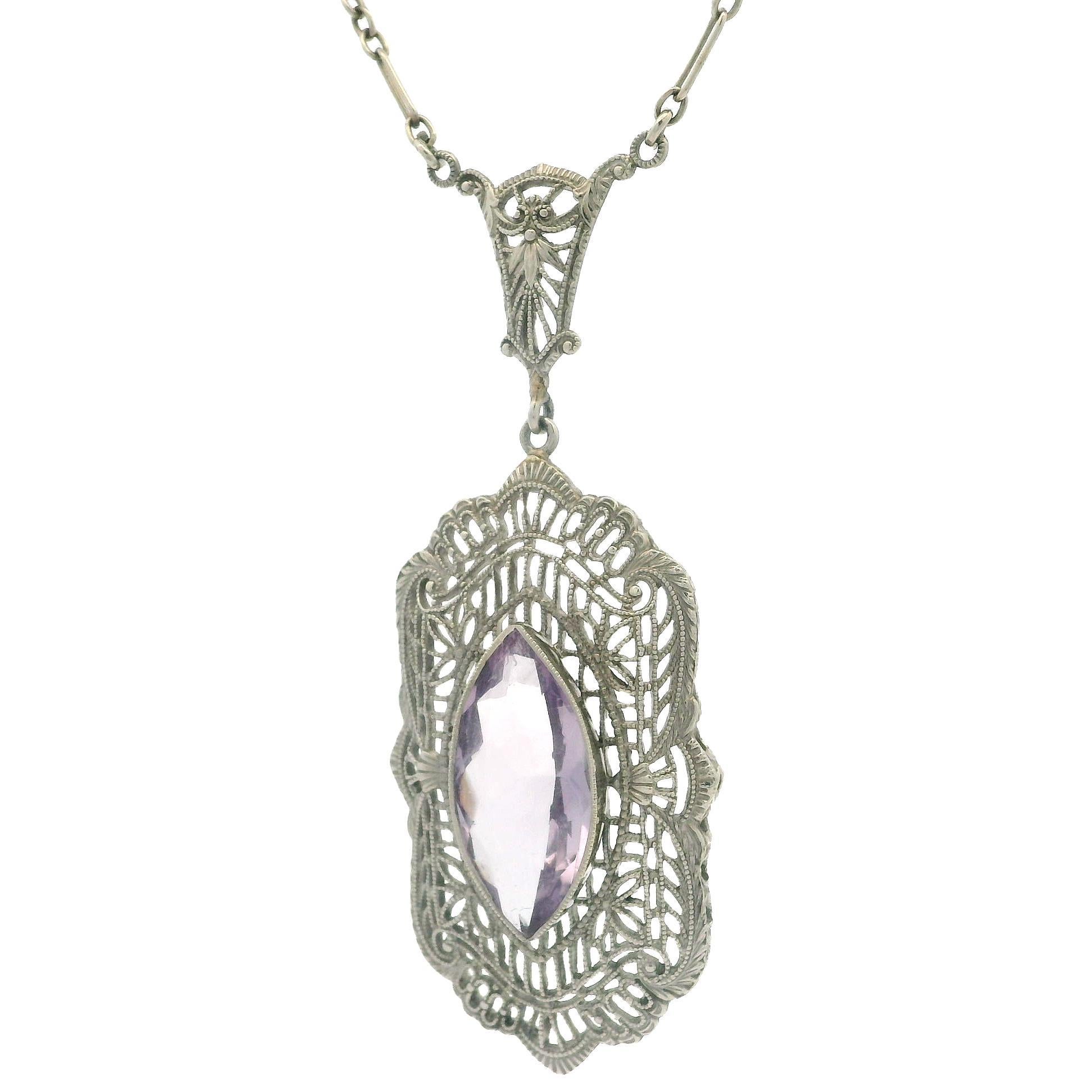 Women's Antique Art Deco 10k Gold Rose De France Amethyst Filigree Pendant Necklace For Sale