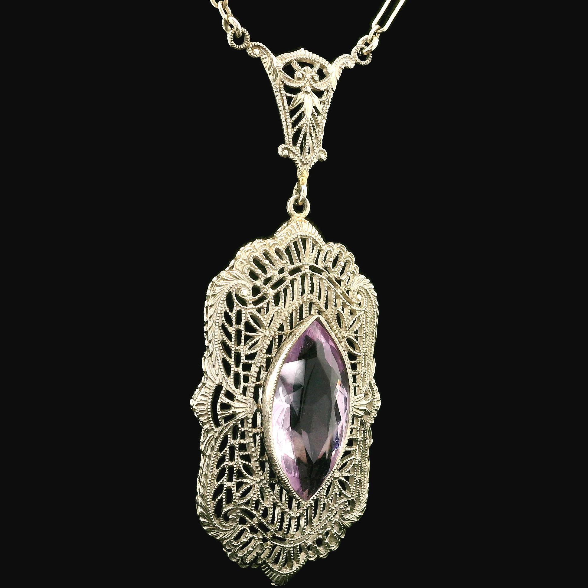 Antique Art Deco 10k Gold Rose De France Amethyst Filigree Pendant Necklace For Sale 1