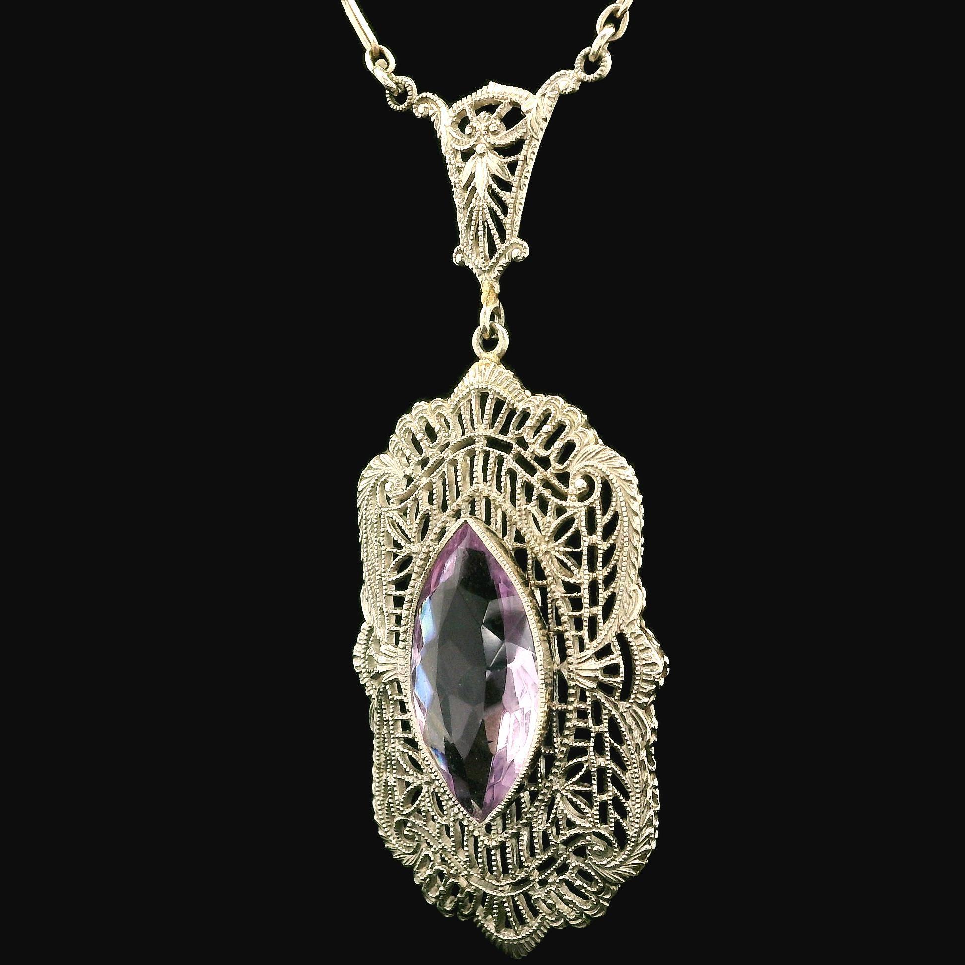 Antique Art Deco 10k Gold Rose De France Amethyst Filigree Pendant Necklace For Sale 2