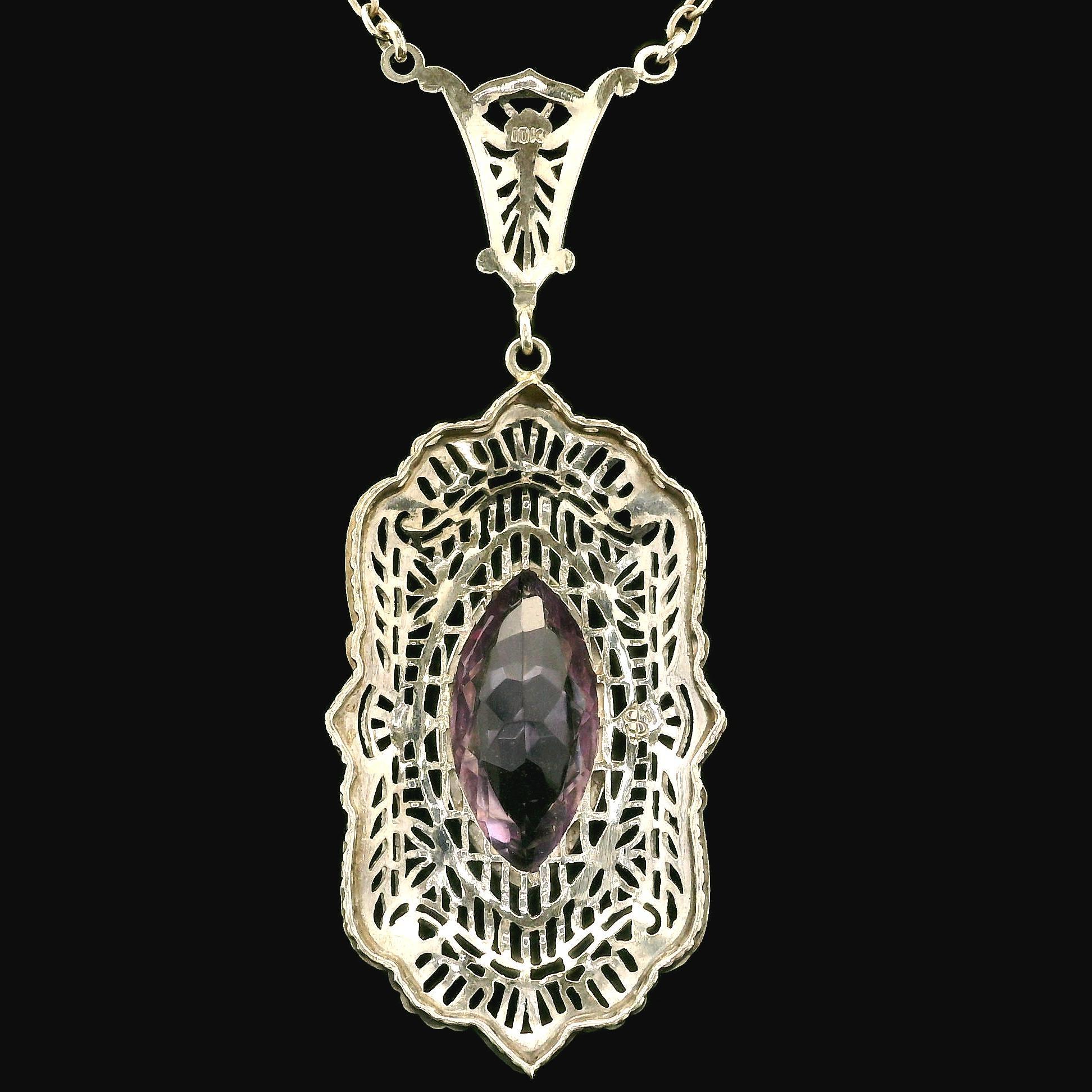 Antique Art Deco 10k Gold Rose De France Amethyst Filigree Pendant Necklace For Sale 3