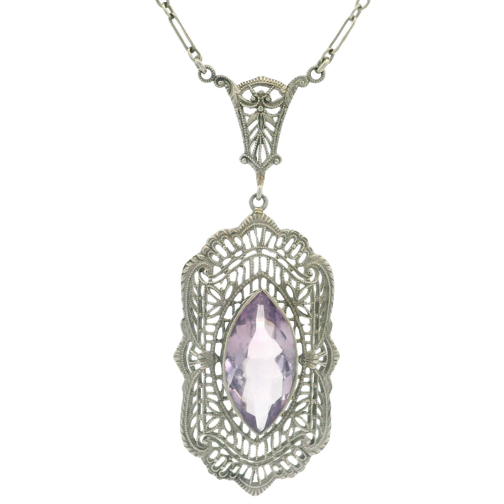 Antique Art Deco 10k Gold Rose De France Amethyst Filigree Pendant Necklace For Sale 4