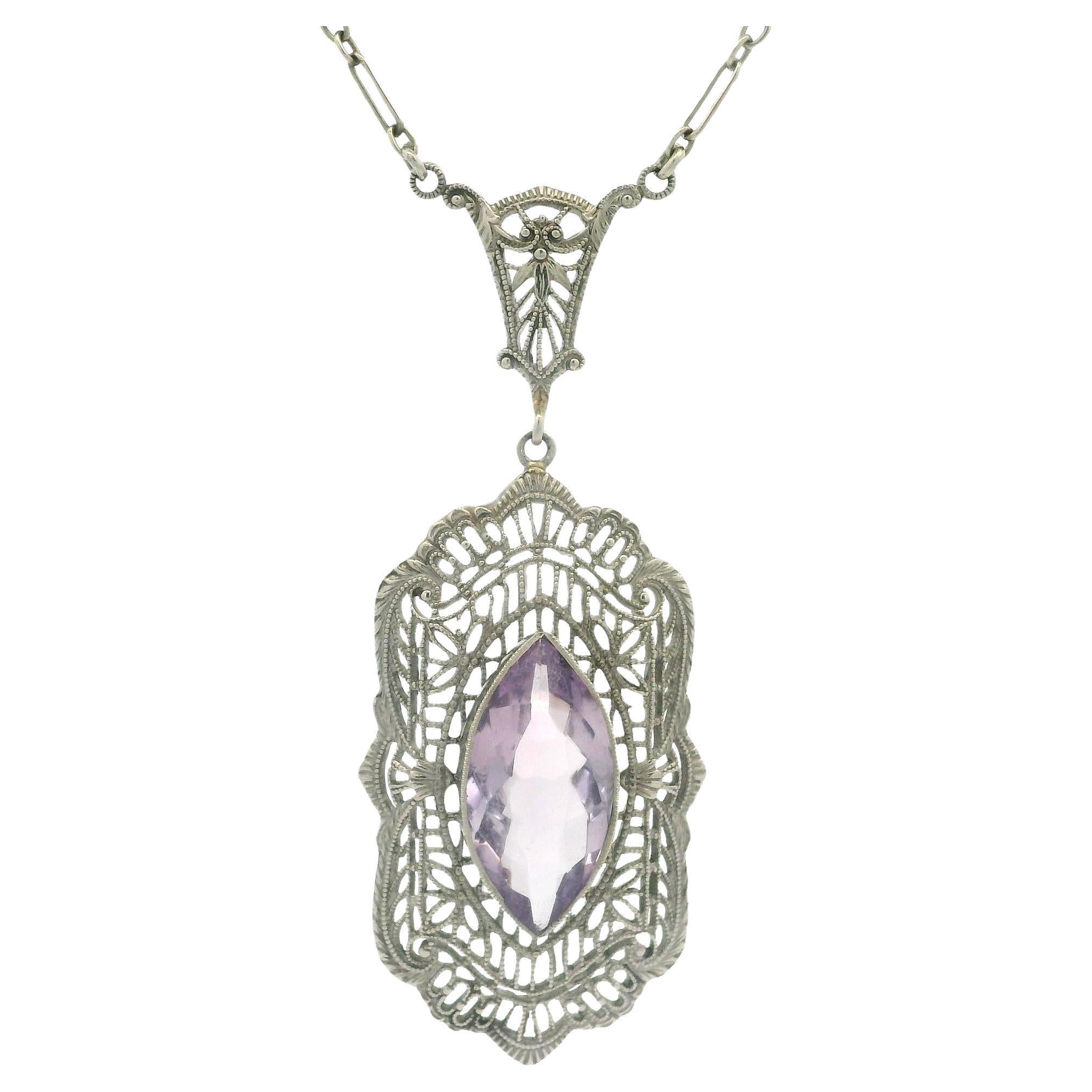Antique Art Deco 10k Gold Rose De France Amethyst Filigree Pendant Necklace For Sale