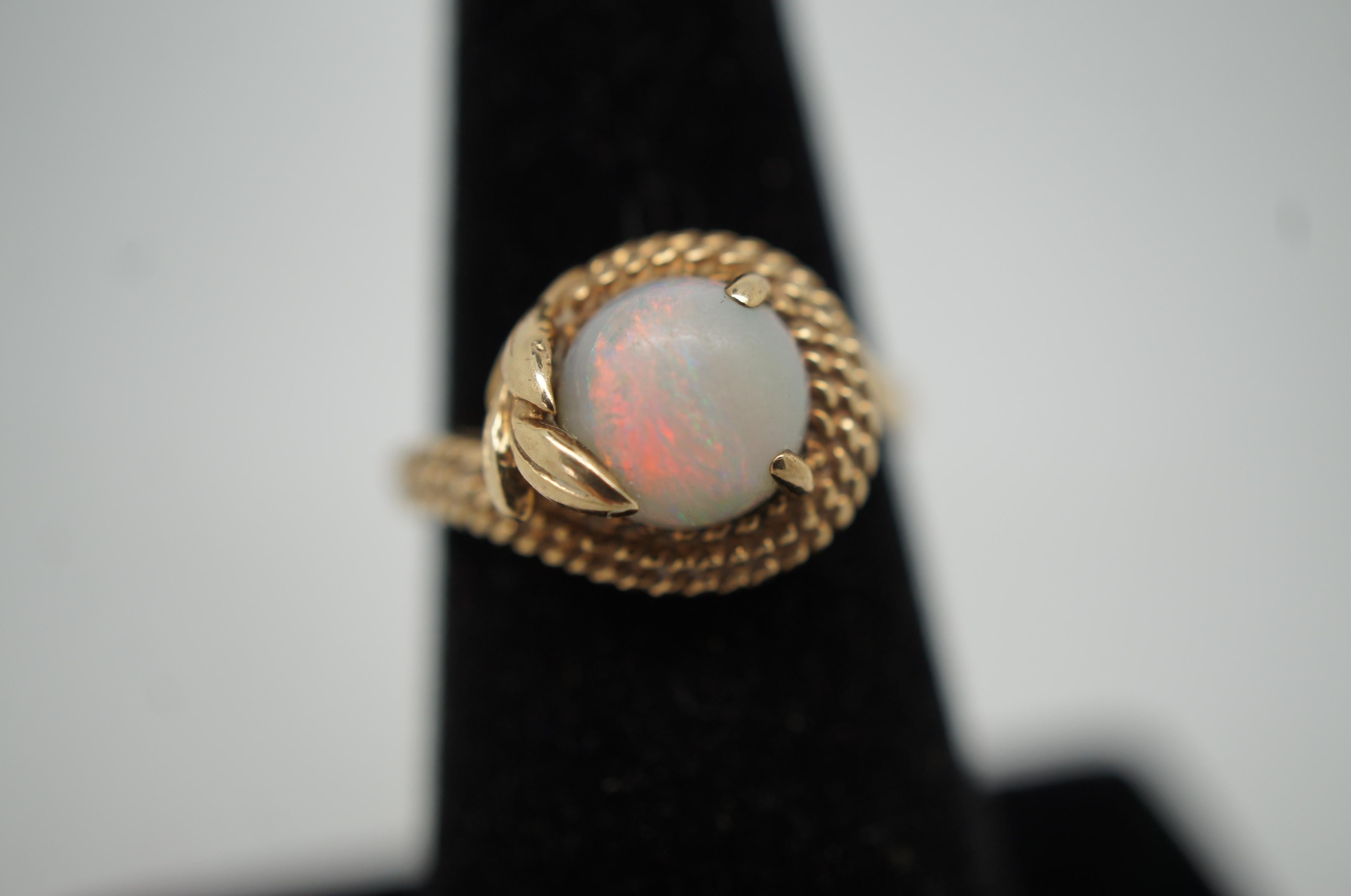 20th Century Antique Art Deco 10K Gold White Opal Rope Twist Leaf Ring 3.5g