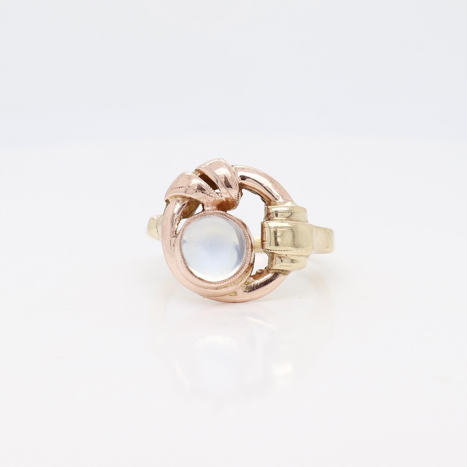 Antique Art Deco 10k Rose & Yellow Gold Buckle Ring with a Moonstone Cabochon For Sale 6