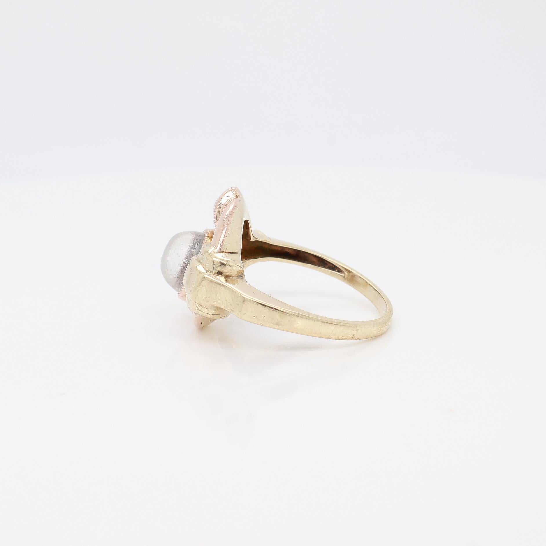Antique Art Deco 10k Rose & Yellow Gold Buckle Ring with a Moonstone Cabochon For Sale 7