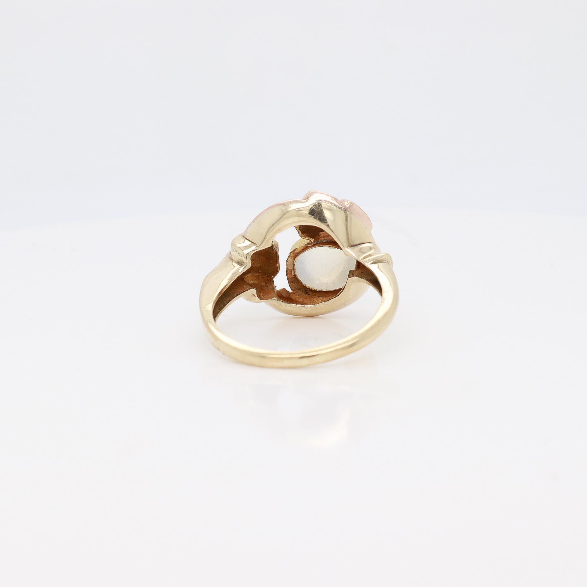Antique Art Deco 10k Rose & Yellow Gold Buckle Ring with a Moonstone Cabochon For Sale 8