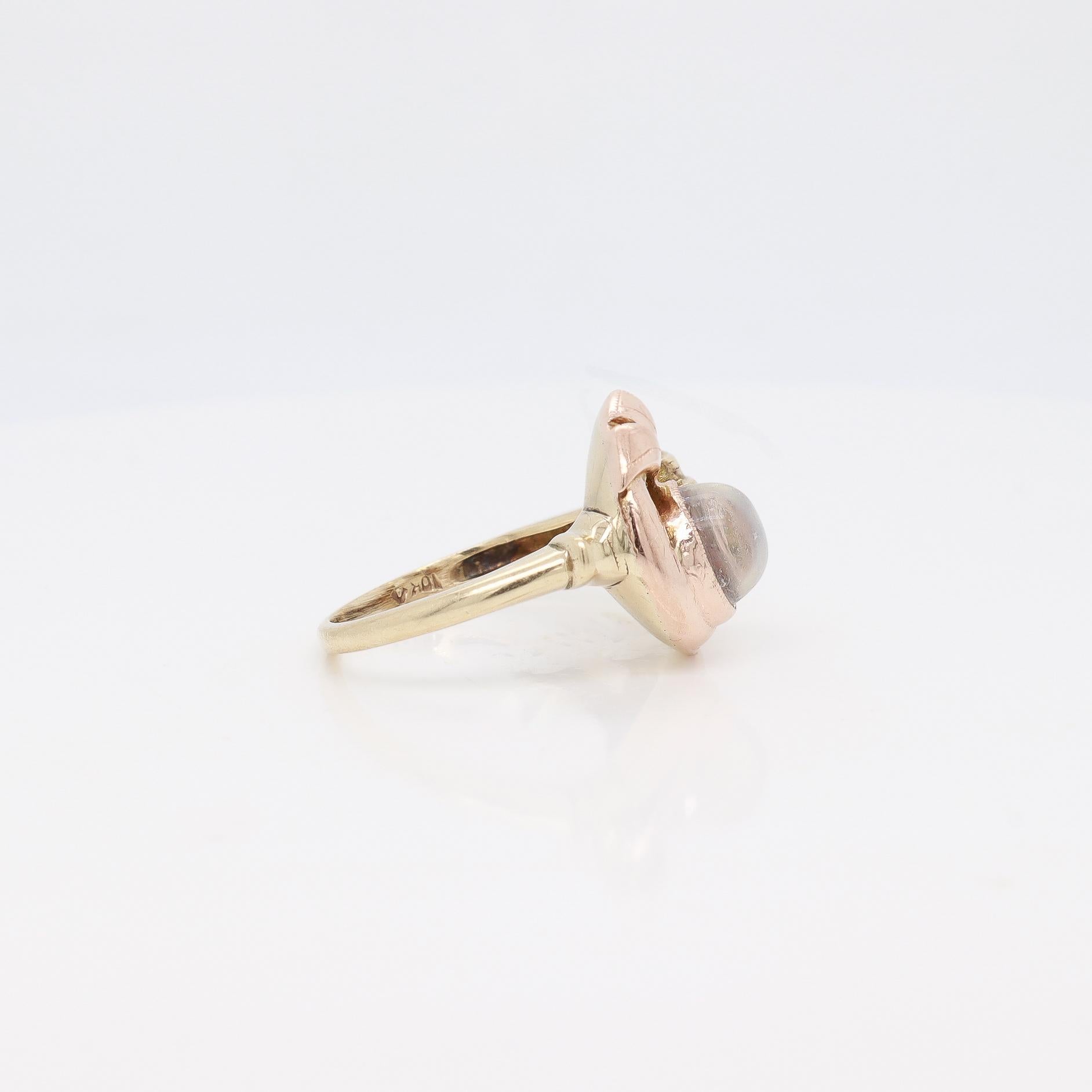 Antique Art Deco 10k Rose & Yellow Gold Buckle Ring with a Moonstone Cabochon For Sale 9