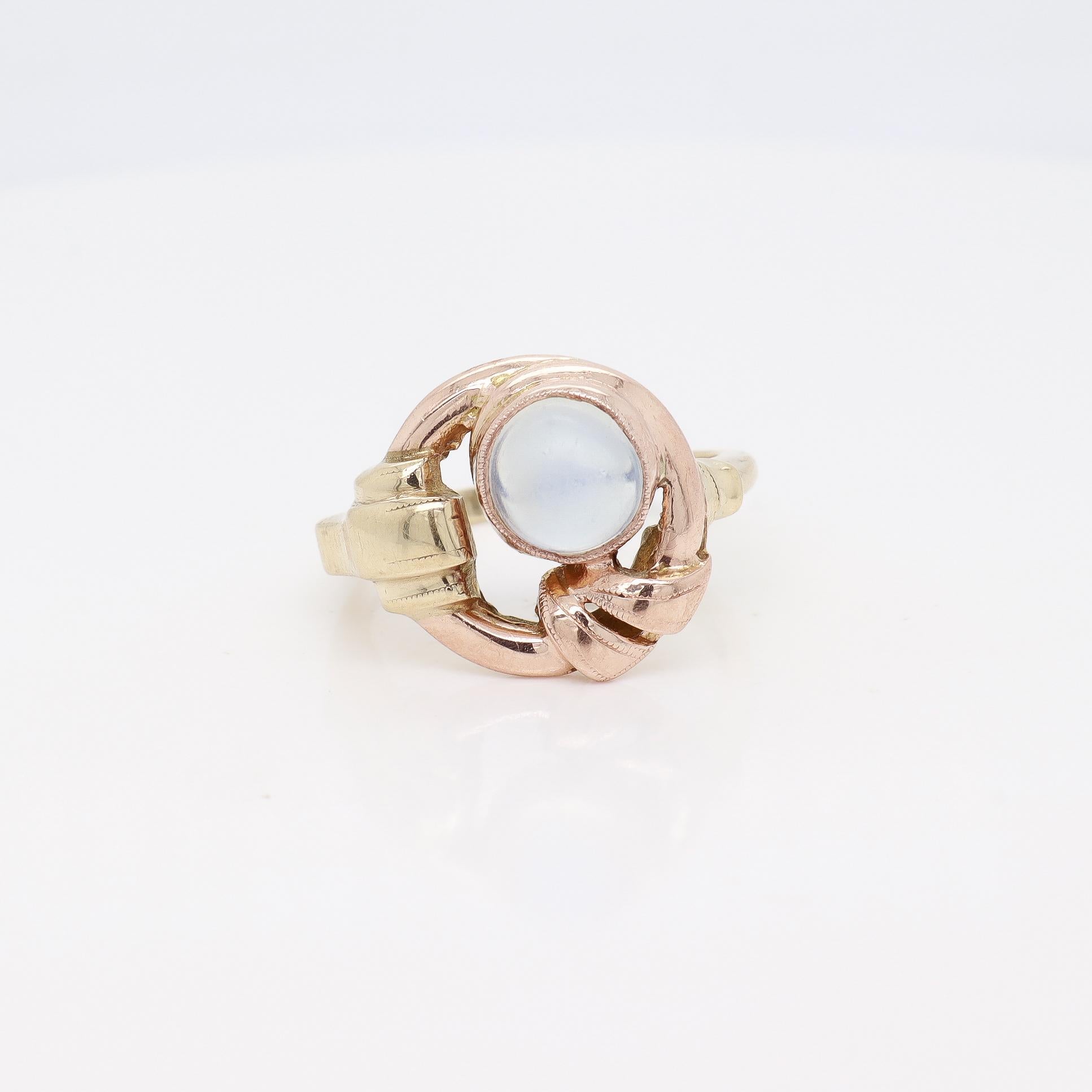 Antique Art Deco 10k Rose & Yellow Gold Buckle Ring with a Moonstone Cabochon For Sale 12